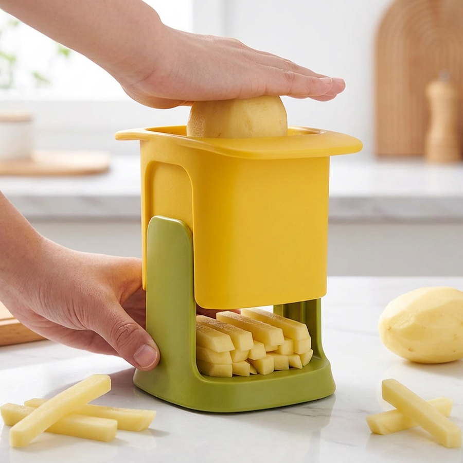 Coupe-frites et coupe-dés à pression 1,2 cm, en cours d'utilisation