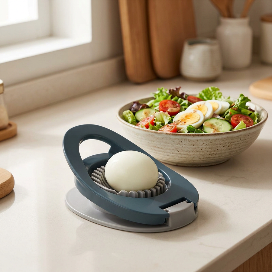 Coupe-œuf rond multifonction à fils inox, en situation dans la cuisine