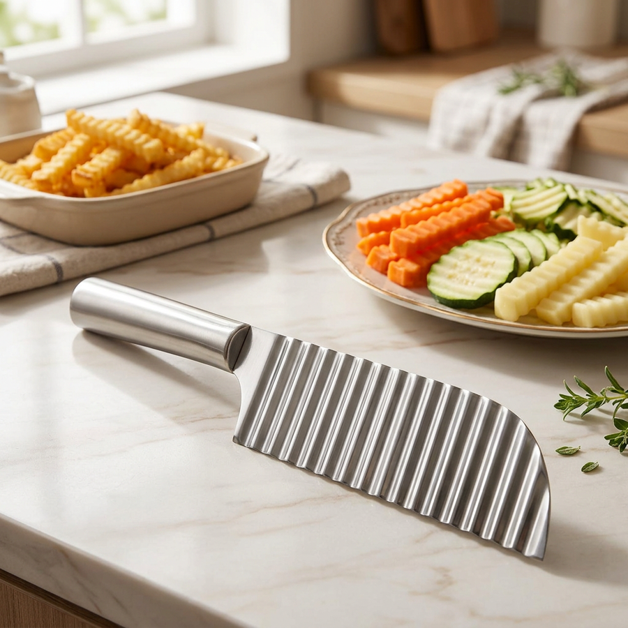 Couteau à frites ondulées inox, en situation dans la cuisine