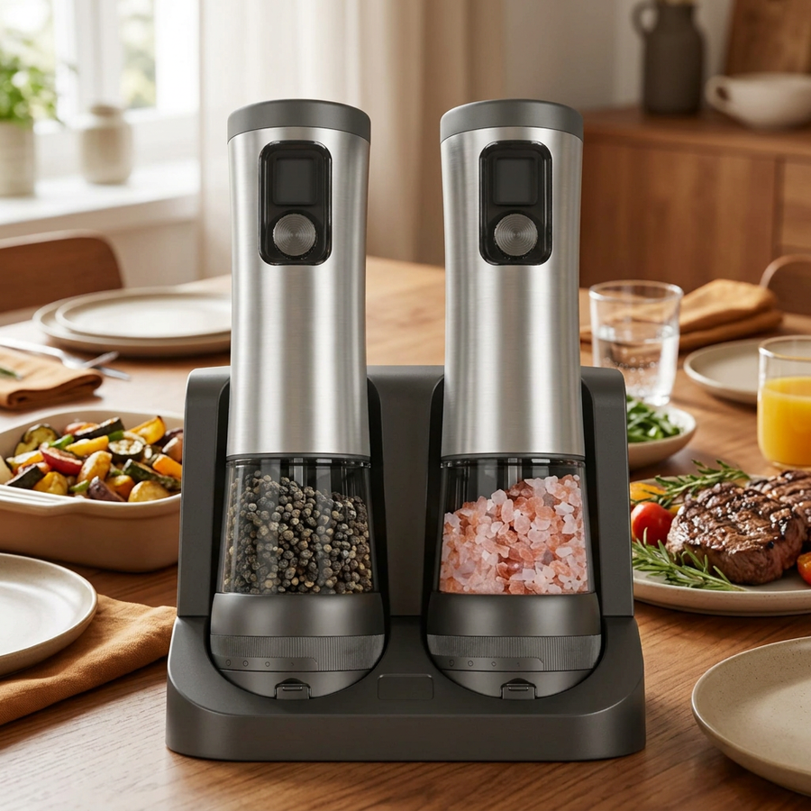 Moulin à poivre et sel électrique, duo avec base de recharge, en situation dans la cuisine