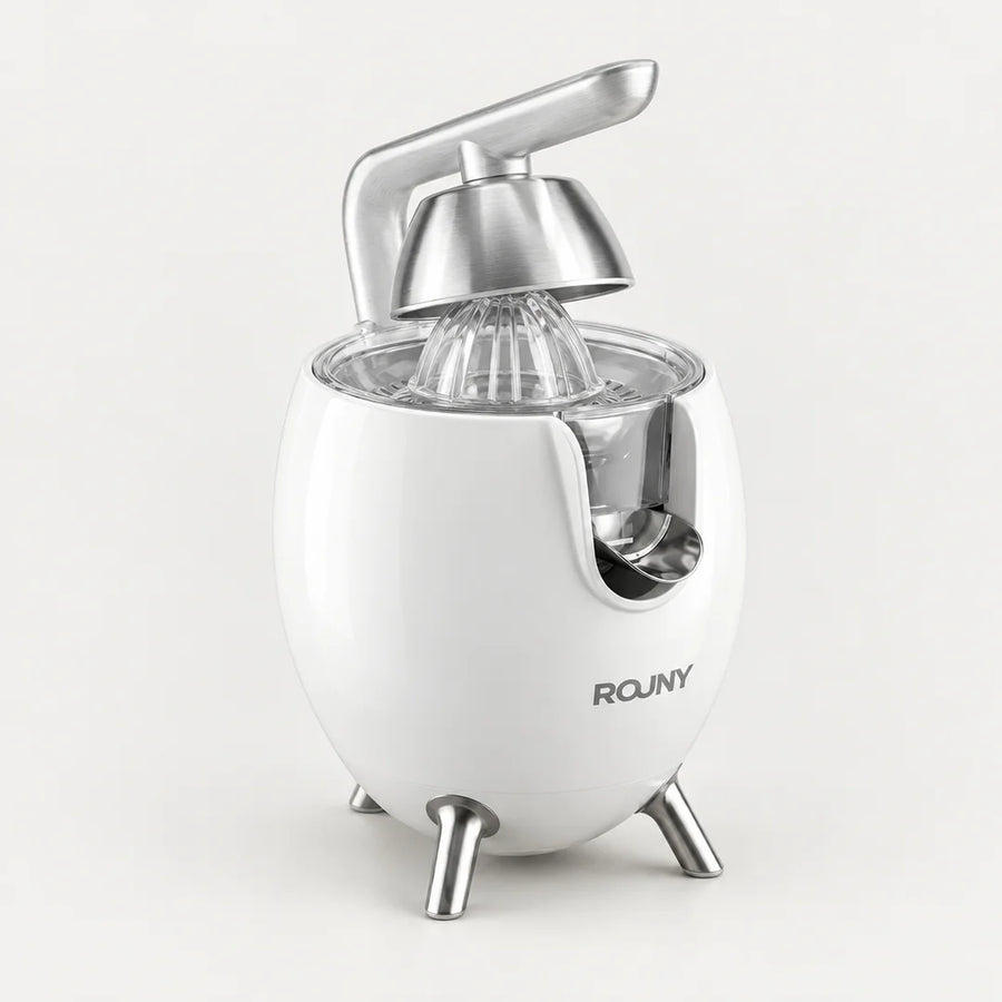 Presse-agrumes électrique ROUNY blanc en forme d'œuf, levier et cône en inox, trois pieds inox, fond clair