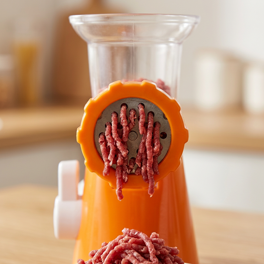 Hachoir à viande manuel à ventouse, orange, gros plan sur les détails
