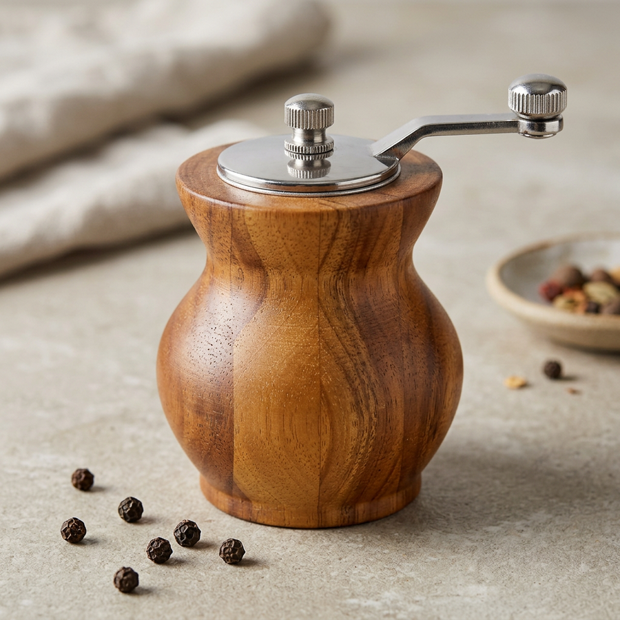 Moulin à poivre en bois à manivelle, forme vase, gros plan sur les détails