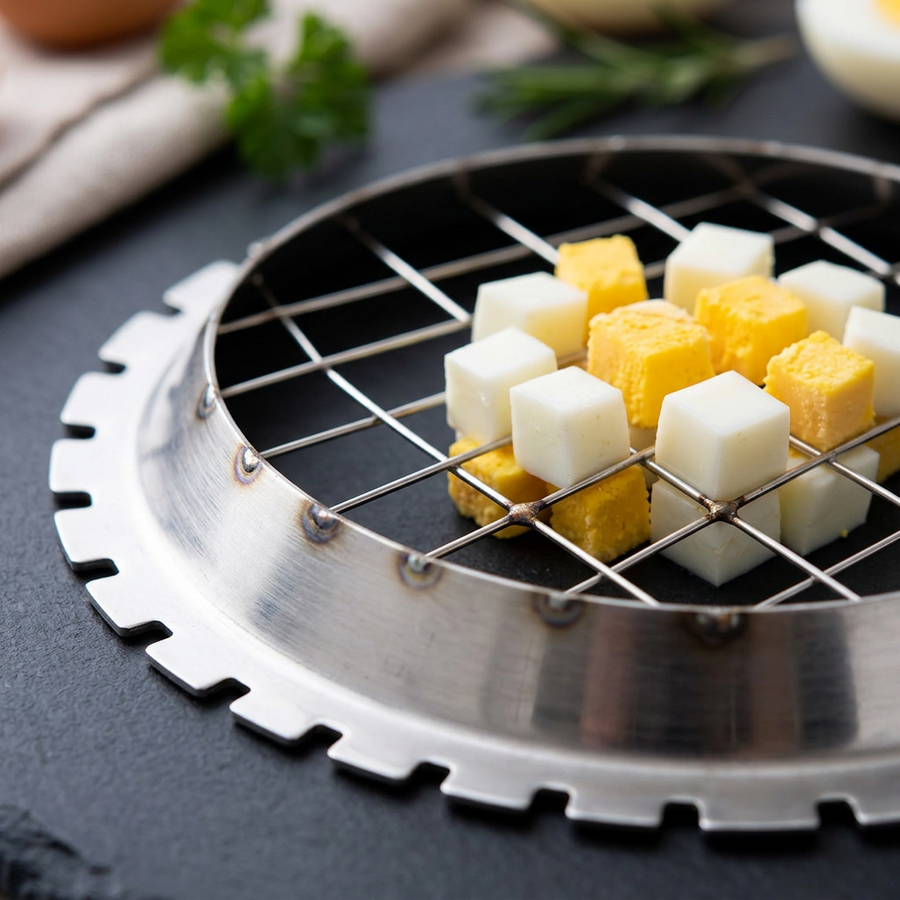 Grille ronde inox coupe-dés pour œufs et champignons, gros plan sur les détails