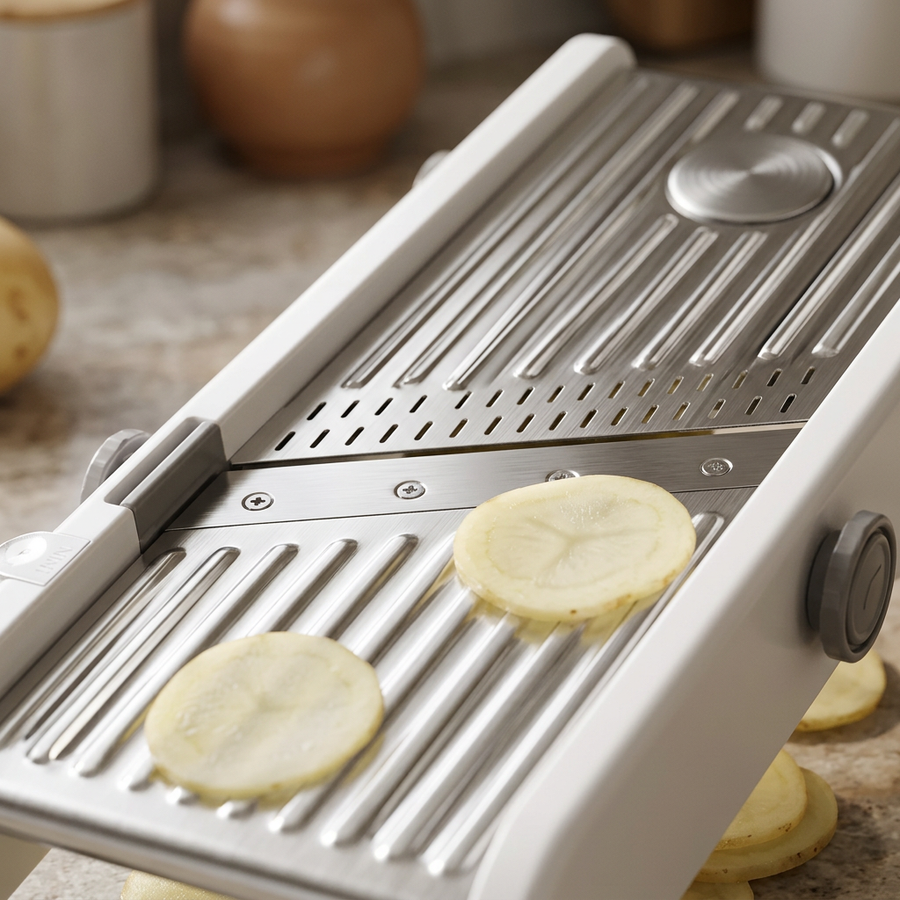 Mandoline réglable 18 coupes avec poussoir, gros plan sur les détails