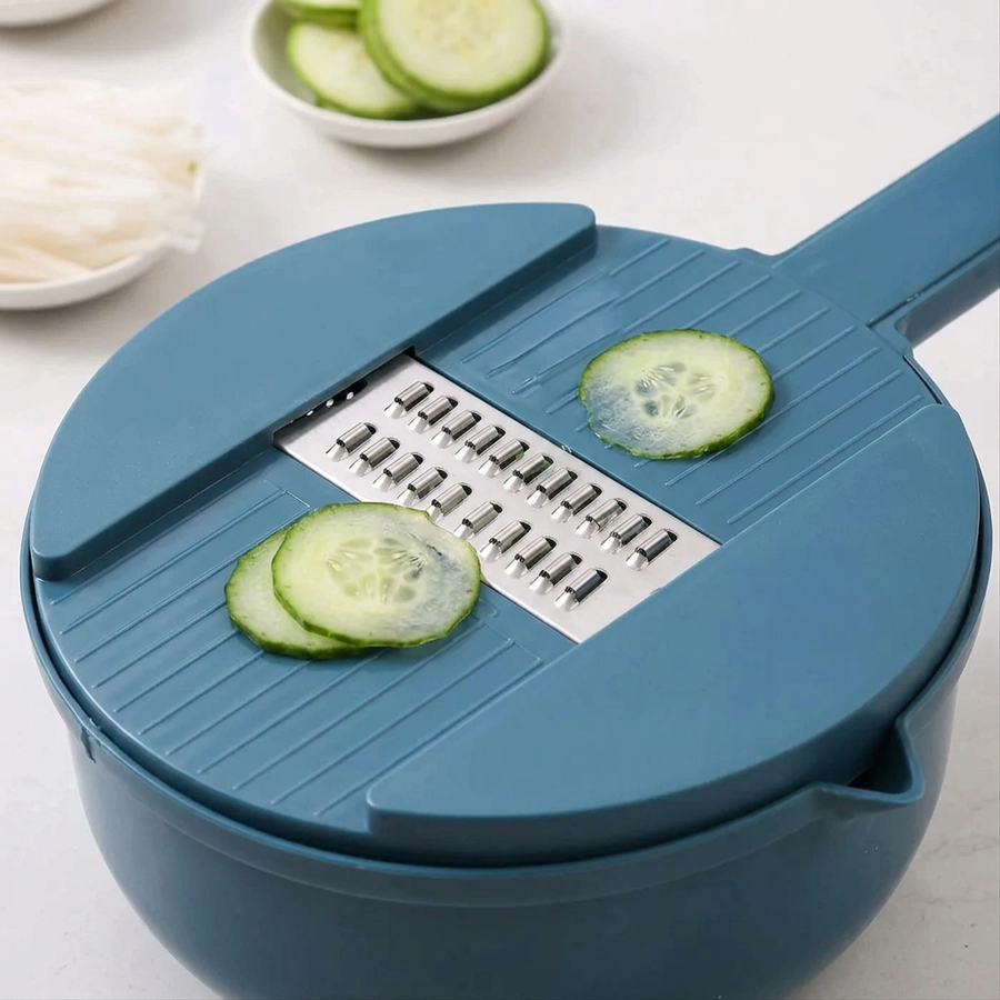 Mandoline coupe-légumes 9 en 1 avec bol, gros plan sur les détails