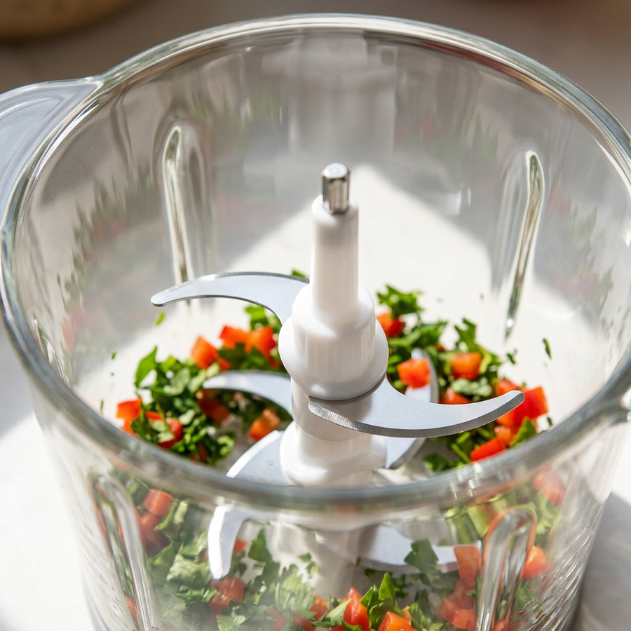 Mini hachoir électrique 300 W, bols inox et verre, gros plan sur les détails