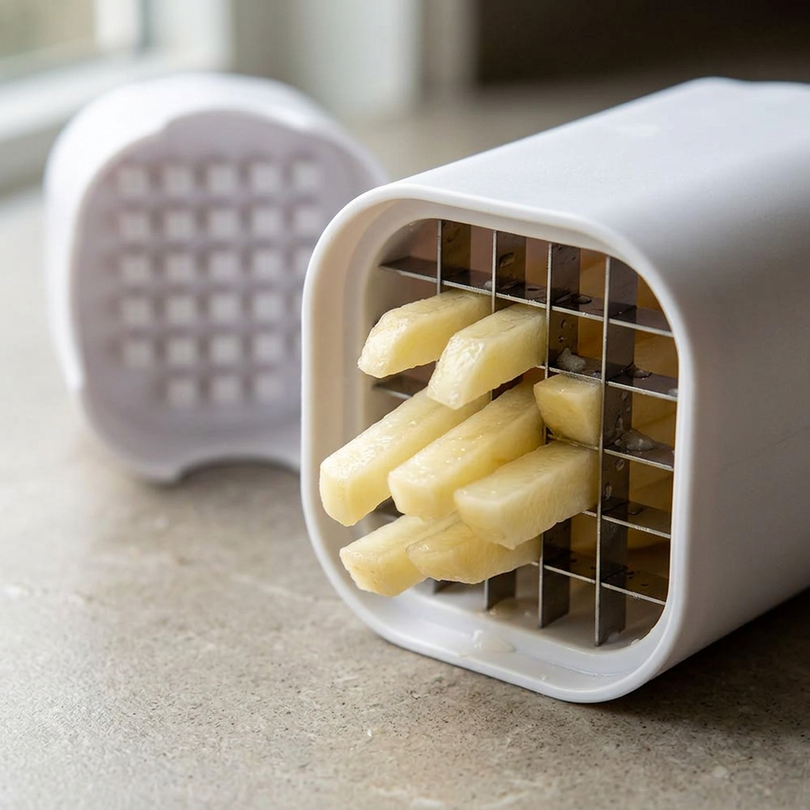 Coupe-frites à pousser, boîte blanche, gros plan sur les détails