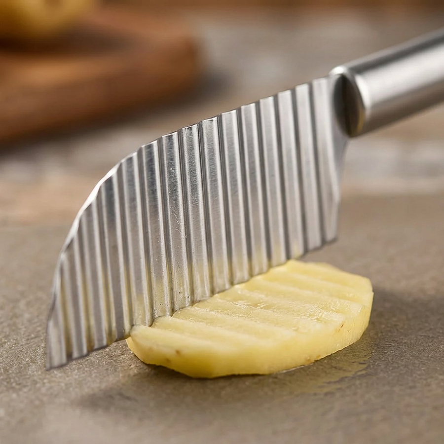 Couteau à frites ondulées inox, gros plan sur les détails