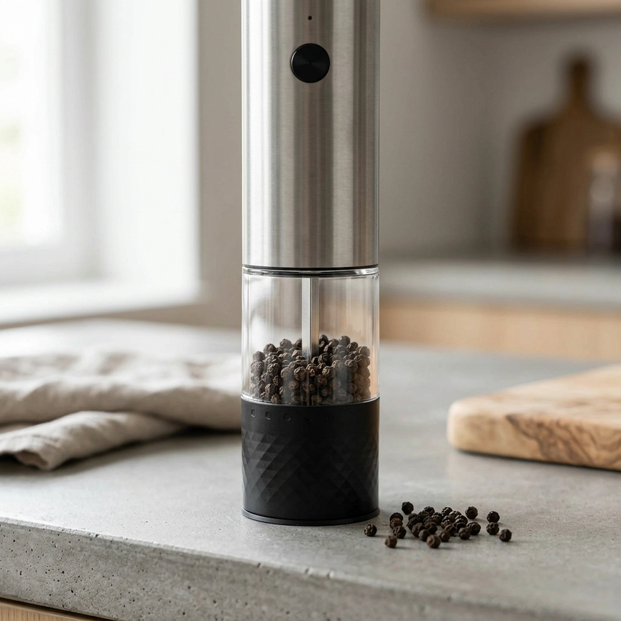 Moulin à poivre automatique compact rechargeable, gros plan sur les détails