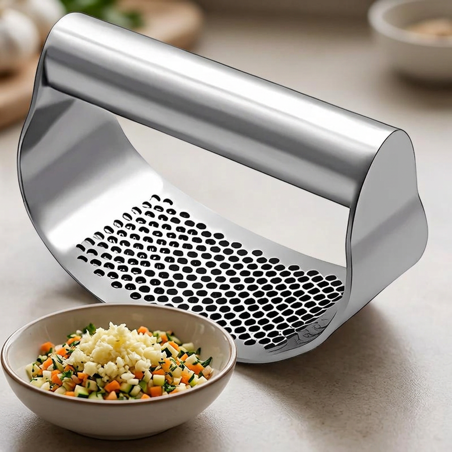 Hachoir à ail inox à bascule, ail et gingembre, résultat obtenu
