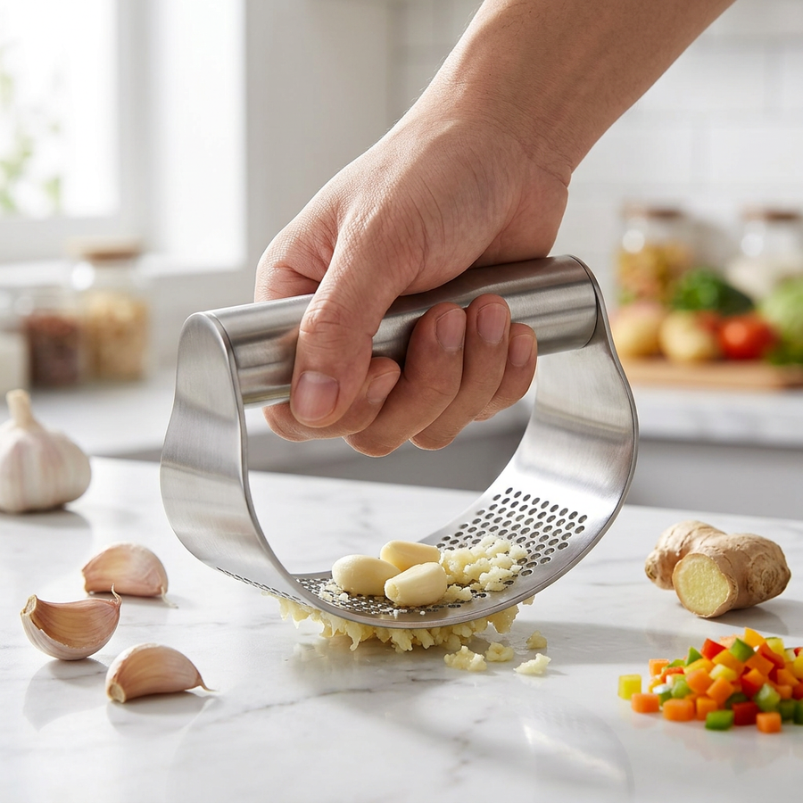 Hachoir à ail inox à bascule, ail et gingembre, en cours d'utilisation