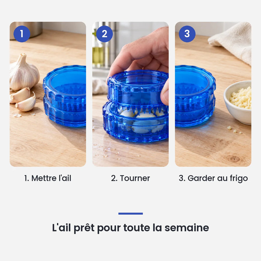 Comment utiliser le hachoir ail multifonction bleu à torsion en PP en 3 étapes : mettre l'ail, tourner, garder au frigo