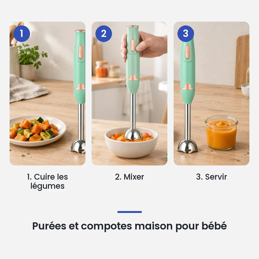 Comment utiliser le mixeur plongeant vert menthe 300 W en 3 étapes : cuire les légumes, mixer, servir