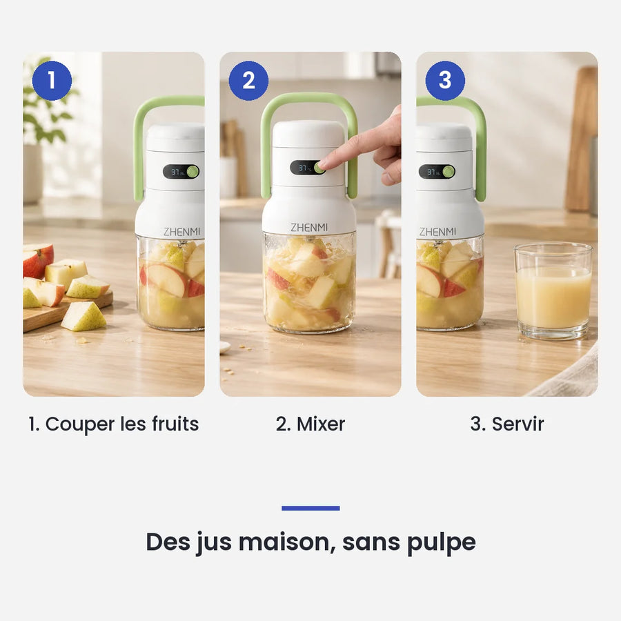 Comment utiliser le mini blender à anse verte en 3 étapes : couper les fruits, mixer, servir
