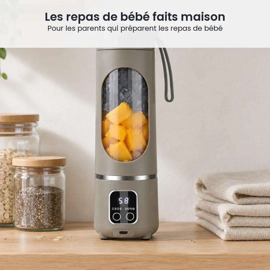 Blender portable vert sauge rangé sur une étagère de cuisine claire, à côté de bocaux en verre et de linge plié