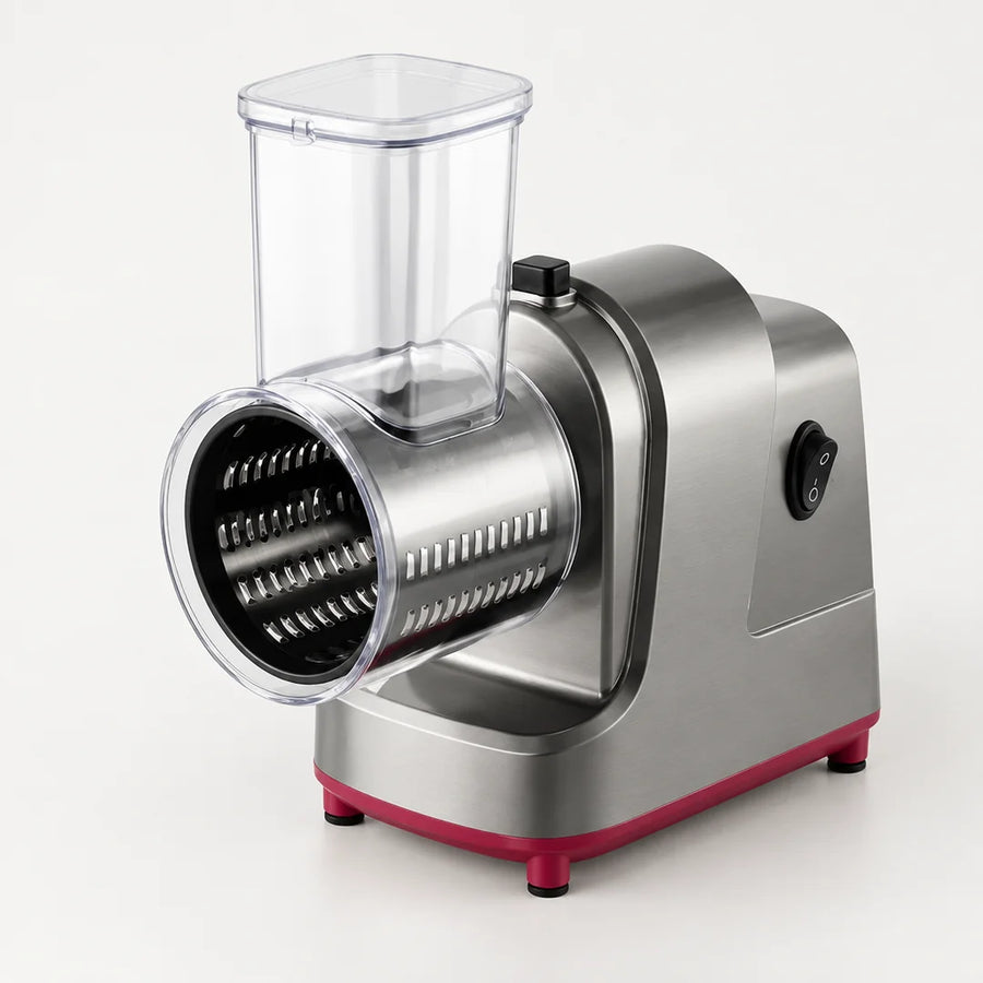 Râpe électrique 250 W 5 en 1 : bloc moteur argenté sur base rouge, trémie transparente et tambour de coupe à l'avant