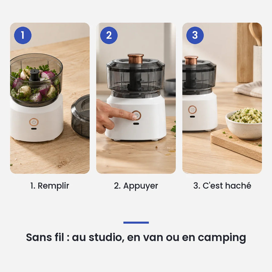 Comment utiliser le hachoir électrique 350 ml blanc bol plastique USB en 3 étapes : remplir, appuyer, c'est haché