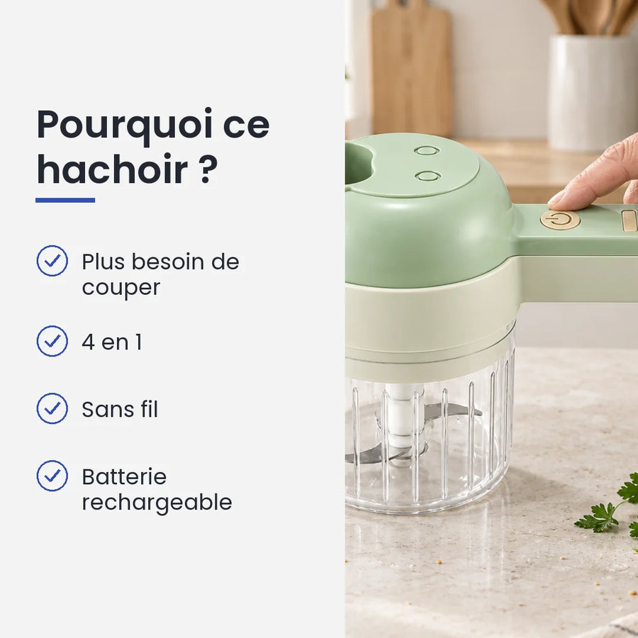 Pourquoi choisir ce hachoir : plus besoin de couper, 4 en 1, sans fil, batterie rechargeable
