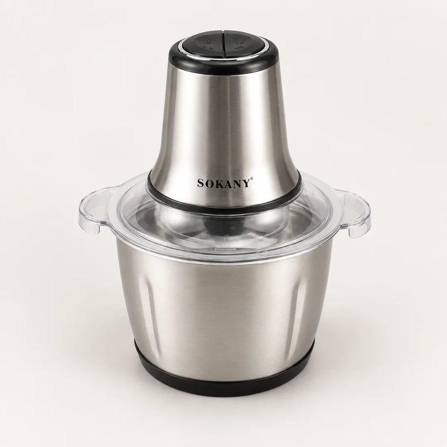 Hachoir électrique SOKANY 800W à bol inox de 3 L, couvercle transparent et socle noir, sur fond blanc cassé