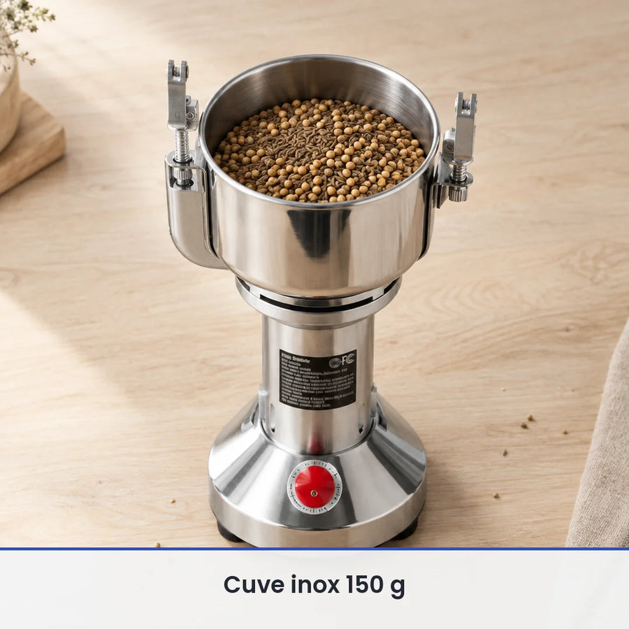 Cuve inox ouverte du moulin électrique vertical 150 g remplie de graines de coriandre, posée sur un plan de travail