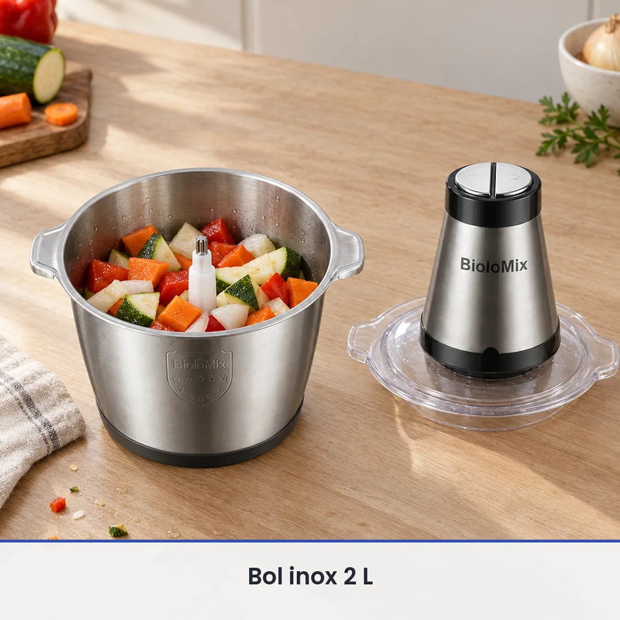Bol inox de 2 L du hachoir BioloMix 500W rempli de légumes en morceaux, moteur posé sur le couvercle à côté