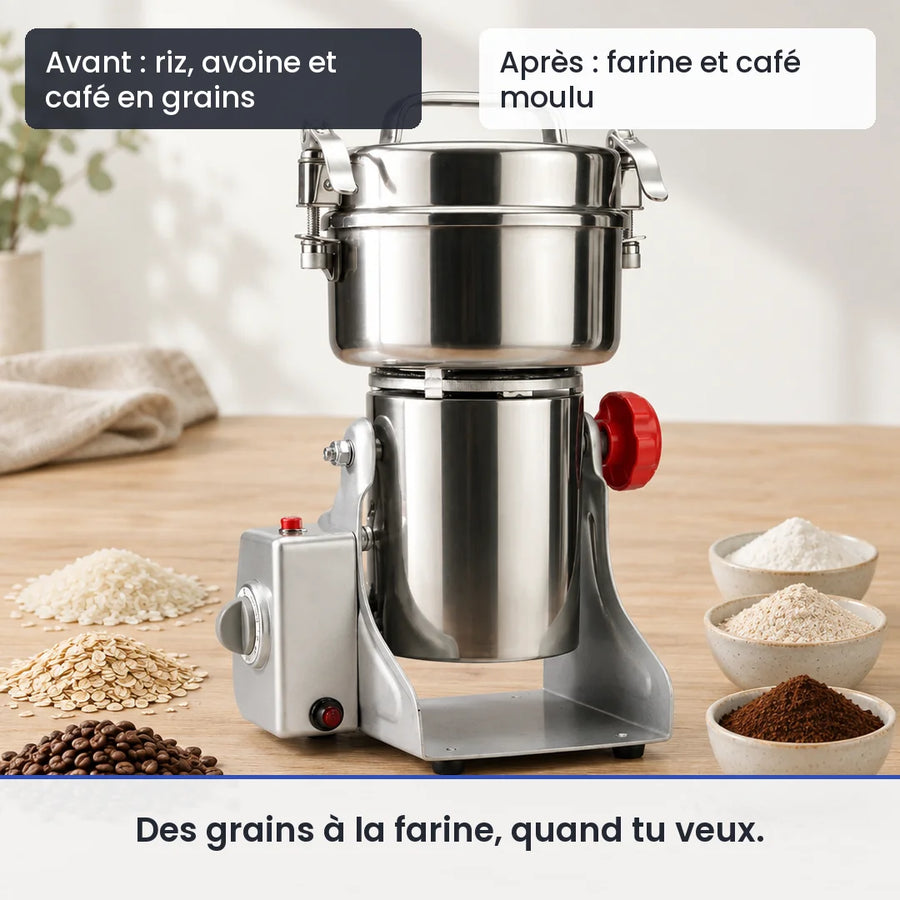 Avant/après avec le hachoir électrique inox 800g 3000W : riz, avoine et café en grains, puis farine et café moulu