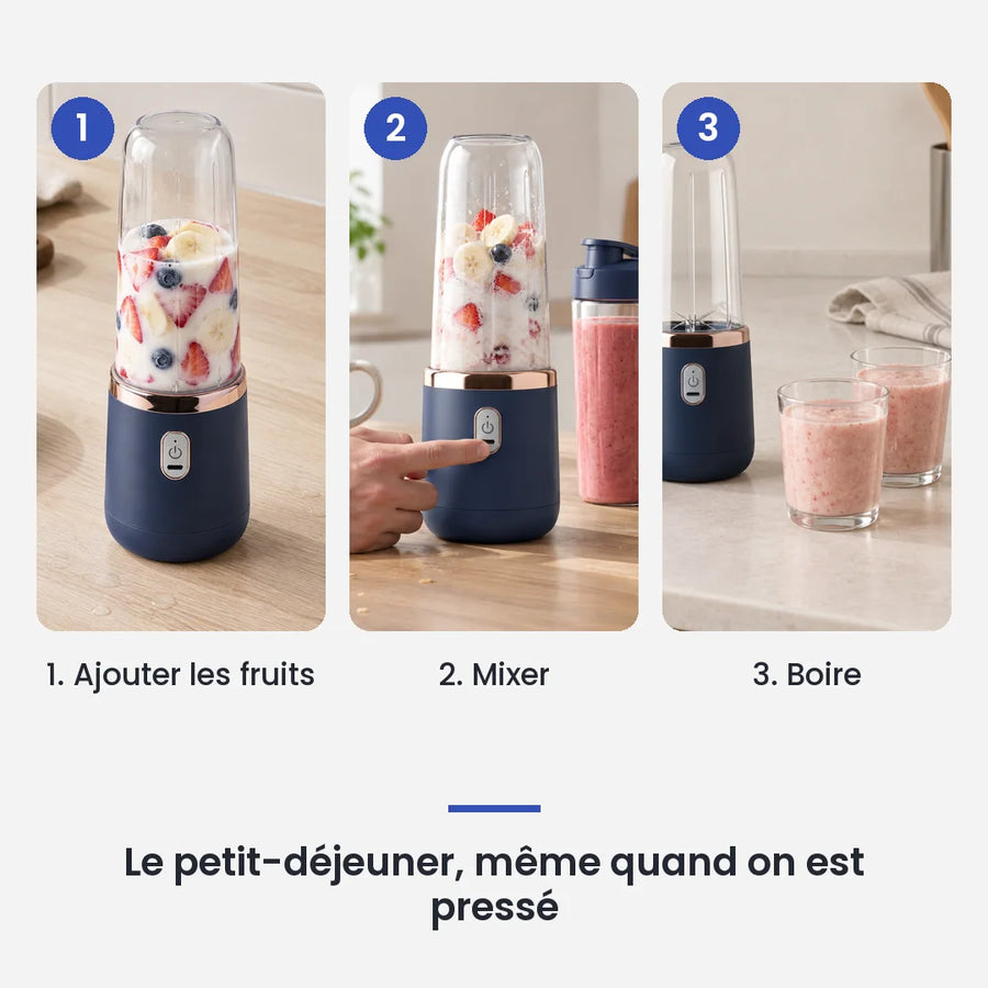 Comment utiliser le hachoir électrique portable 400 ml en 3 étapes : ajouter les fruits, mixer, boire