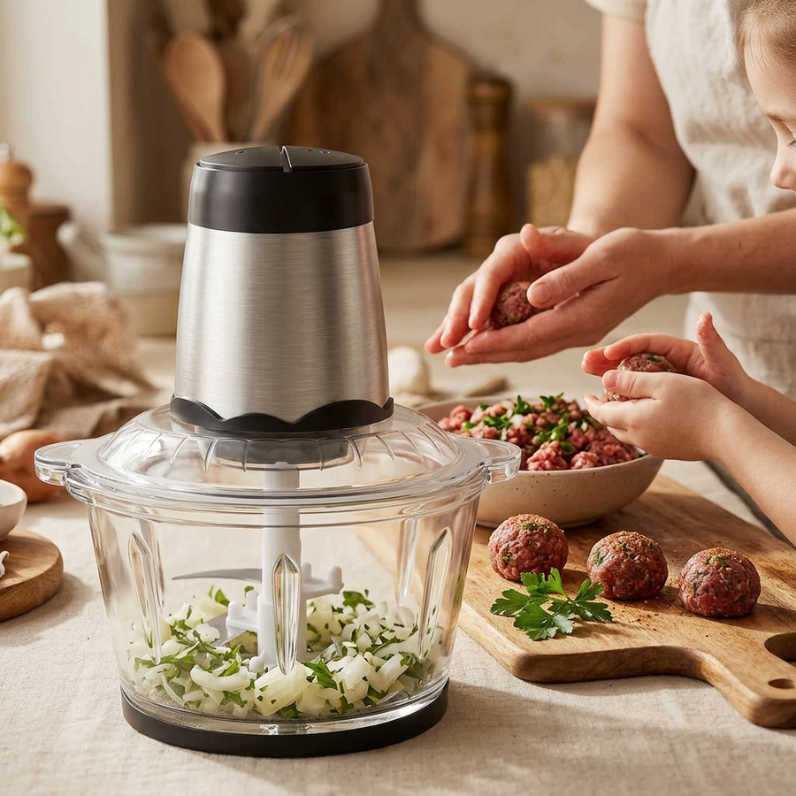 Hachoir électrique 2 vitesses, bol verre 2 L, en situation dans la cuisine
