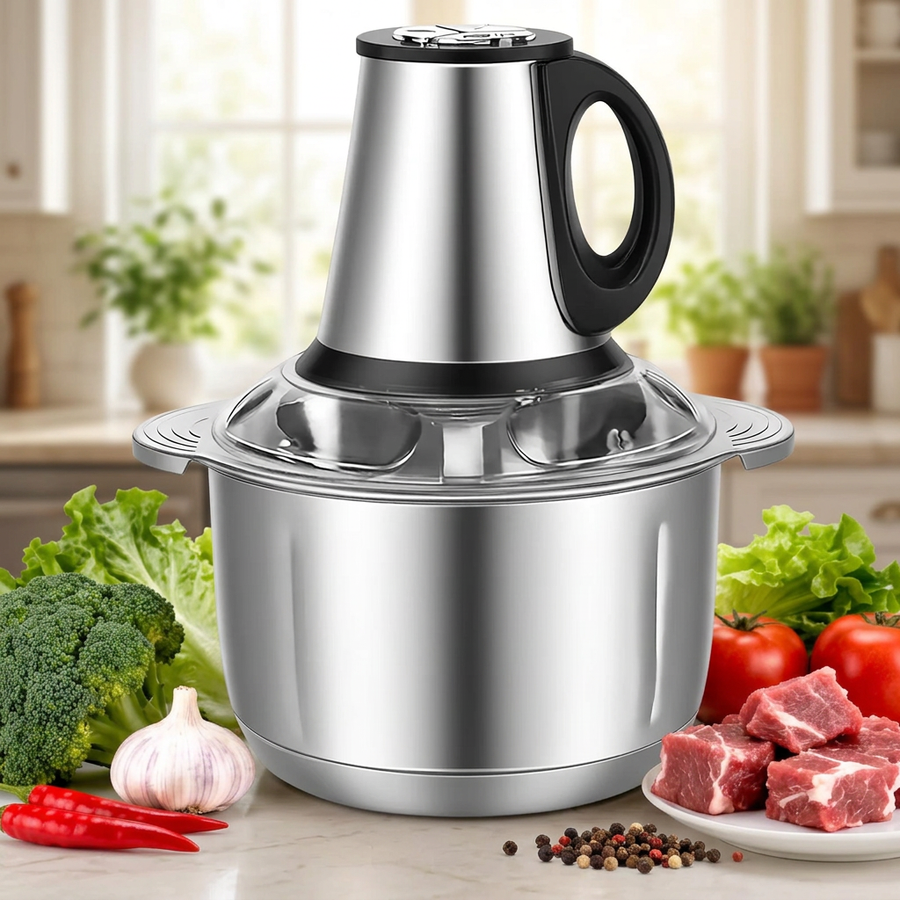 Hachoir électrique inox 5 L 500 W à poignée, 5 lames, en situation dans la cuisine