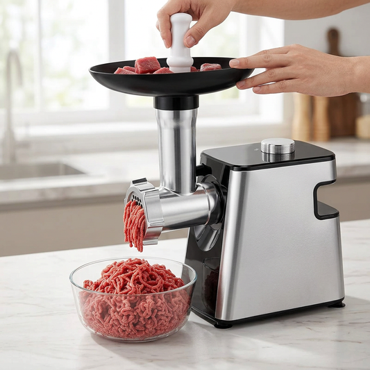 Hachoir à viande électrique 4 en 1 inox, tambours râpe et trancheuse, en cours d'utilisation