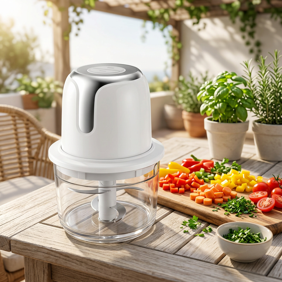 Hachoir électrique sans fil 180 W, bol verre 1,2 L, en situation dans la cuisine