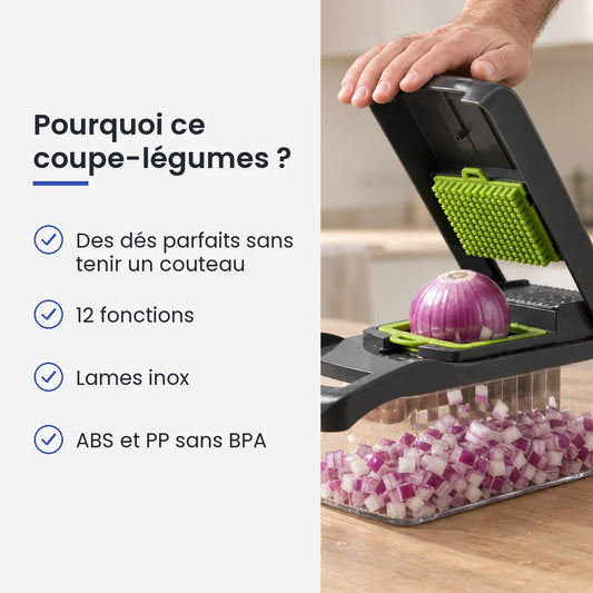Pourquoi choisir ce coupe-légumes : des dés parfaits sans tenir un couteau, 12 fonctions, lames inox, aBS et PP sans BPA