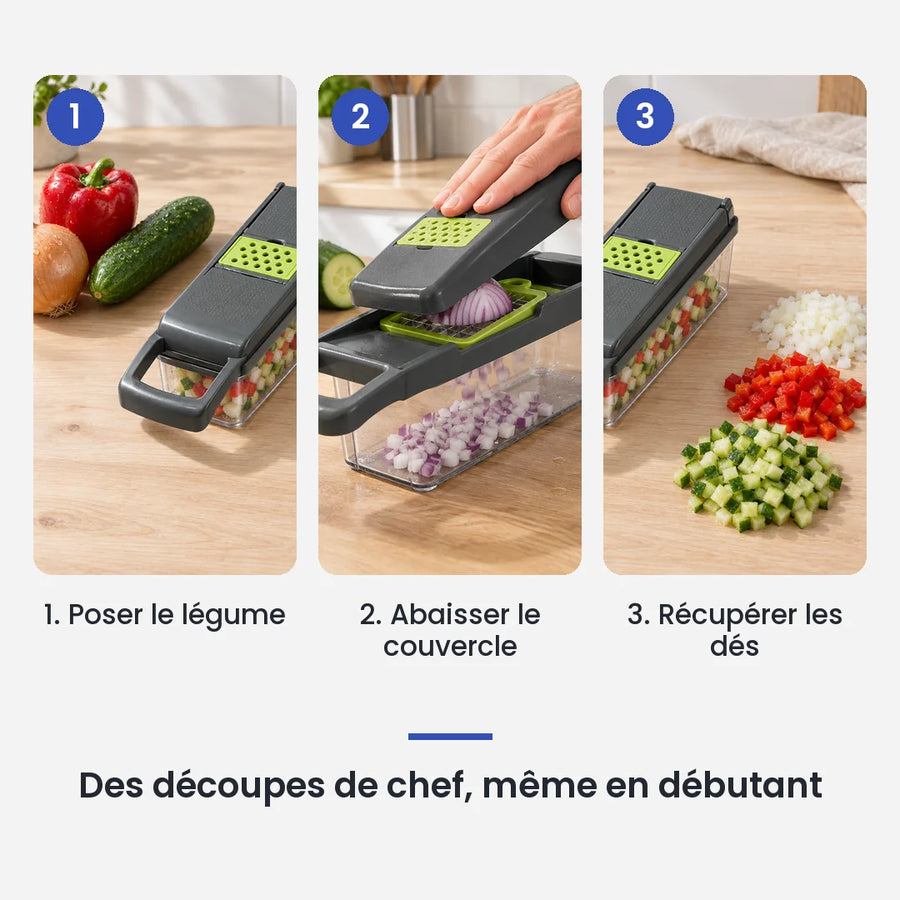Comment utiliser le hachoir légume multifonction 14 en 1 gris lames inox en 3 étapes : poser le légume, abaisser le