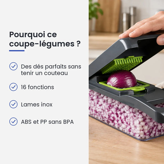 Pourquoi choisir ce coupe-légumes : des dés parfaits sans tenir un couteau, 16 fonctions, lames inox, aBS et PP sans BPA