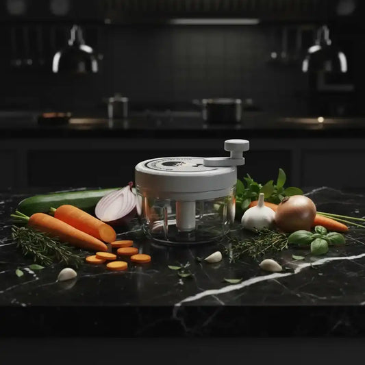 Hachoir manuel 200ml gris sur marbre noir entouré de légumes frais colorés — carottes, courgettes, oignons, ail et herbes vertes — éclairage cinématographique dramatique