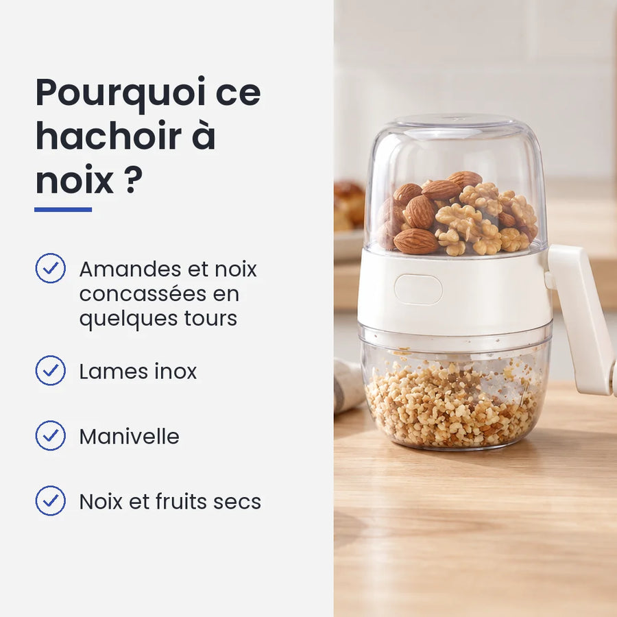 Pourquoi choisir ce hachoir à noix : amandes et noix concassées en quelques tours, lames inox, manivelle, noix et fruits secs