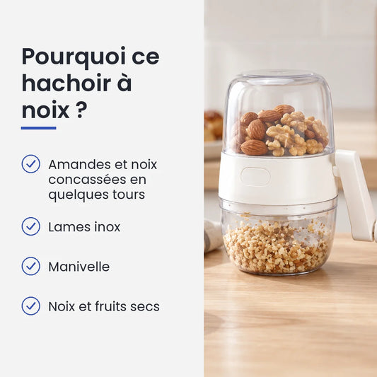 Pourquoi choisir ce hachoir à noix : amandes et noix concassées en quelques tours, lames inox, manivelle, noix et fruits secs