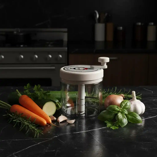 Hachoir manuel 400ml sur marbre noir entouré de légumes frais colorés — carottes, courgettes, oignons, ail et herbes vertes — éclairage cinématographique dramatique