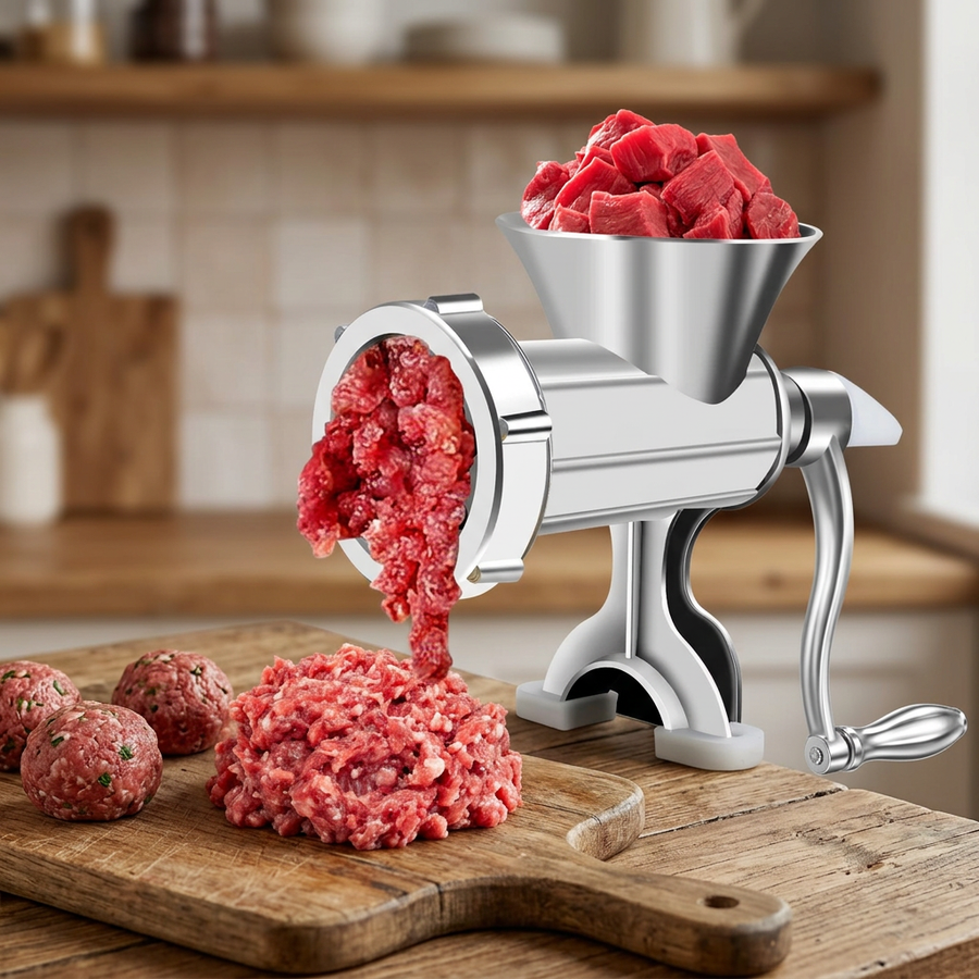 Hachoir à viande manuel aluminium, 3 embouts, résultat obtenu