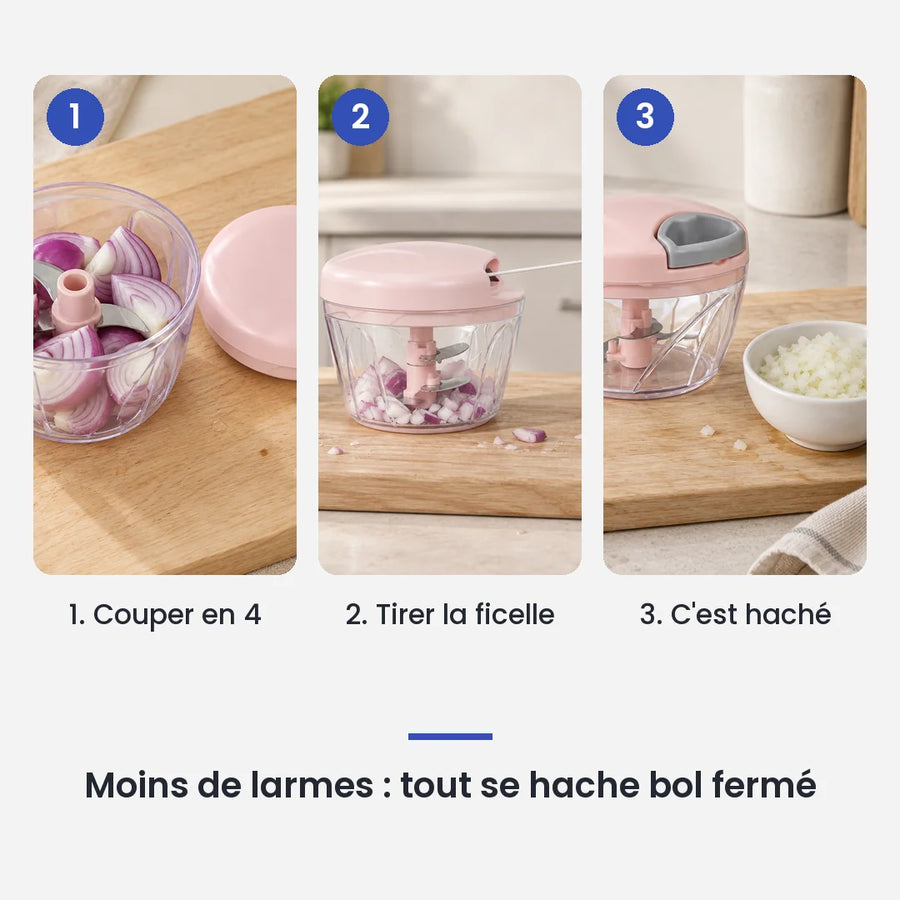 Comment utiliser le hachoir manuel à ficelle 500 ml rose en 3 étapes : couper en 4, tirer la ficelle, c'est haché