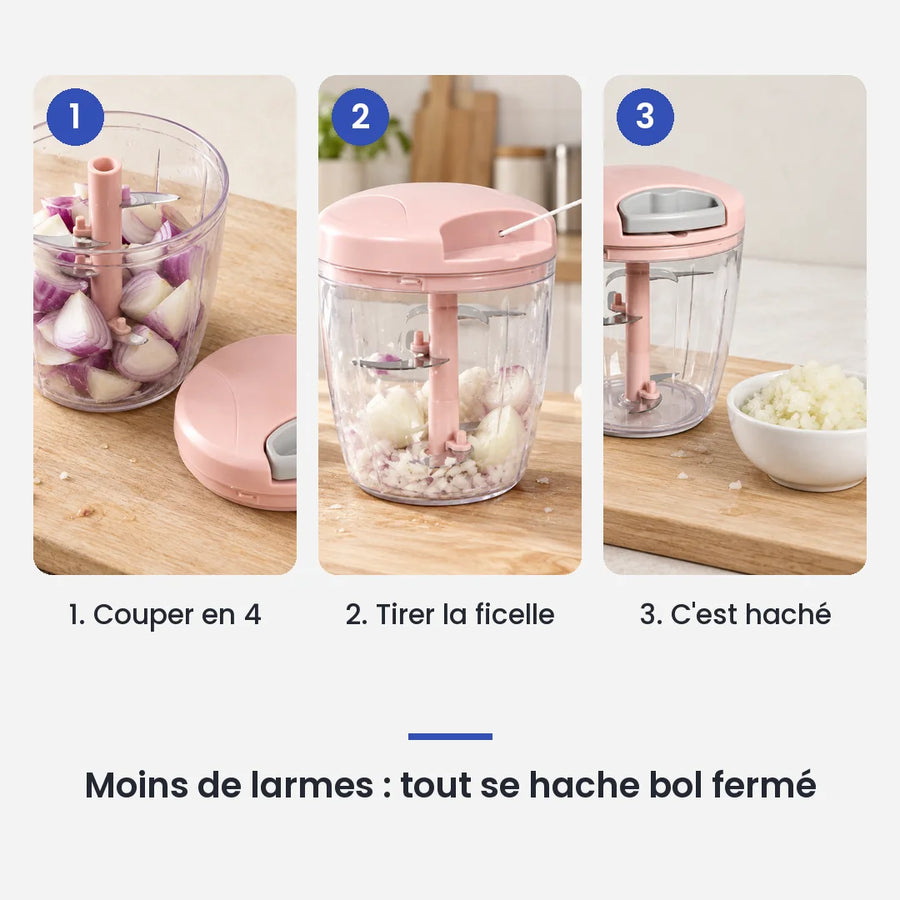 Comment utiliser le hachoir manuel à ficelle 900 ml rose en 3 étapes : couper en 4, tirer la ficelle, c'est haché