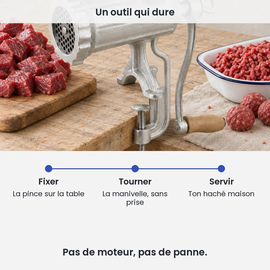 Un outil qui dure avec le hachoir manuel fonte taille 8 : fixer, la pince sur la table, tourner, la manivelle, sans prise