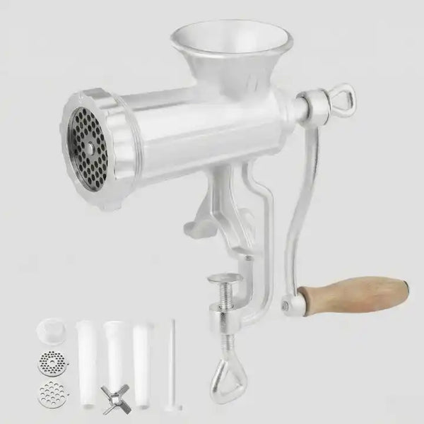Hachoir manuel fonte taille 8 avec fixation table en situation d'utilisation