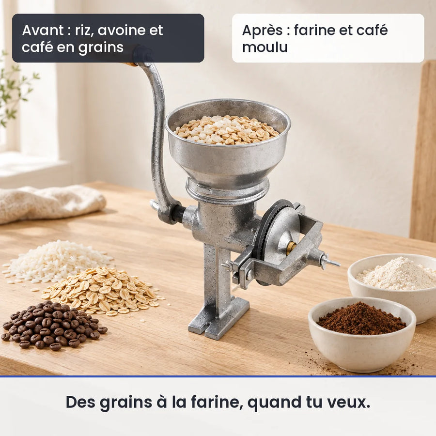 Avant/après avec le hachoir manuel à grains 500g en fonte : riz, avoine et café en grains, puis farine et café moulu