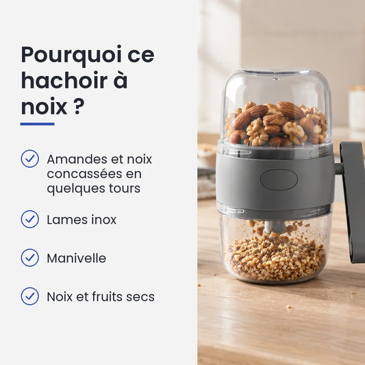 Pourquoi choisir ce hachoir à noix : amandes et noix concassées en quelques tours, lames inox, manivelle, noix et fruits secs