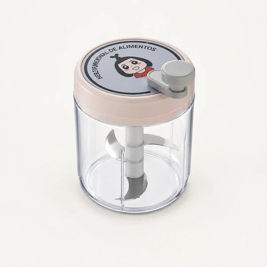 Hachoir manuel rotatif 400 ml à couvercle rose pâle, petite manivelle grise et bol transparent, sur fond clair