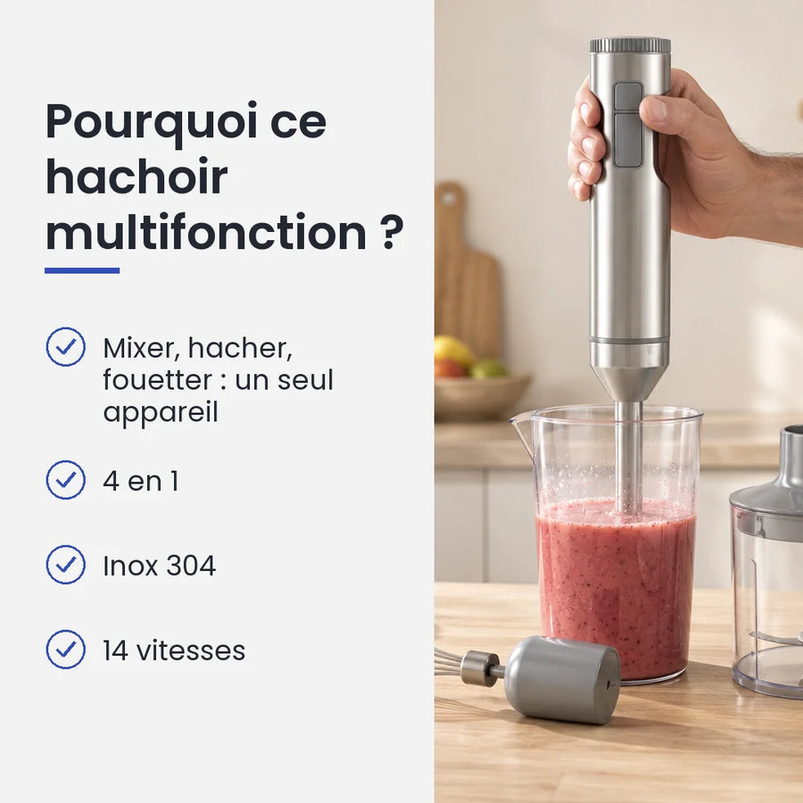 Pourquoi choisir ce hachoir multifonction : mixer, hacher, fouetter : un seul appareil, 4 en 1, inox 304, 14 vitesses