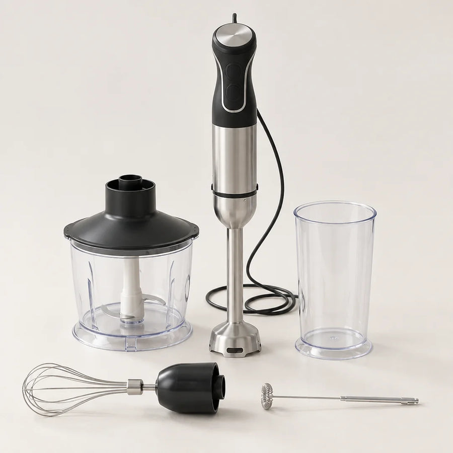 Mixeur plongeant 5 en 1 de 1500 W noir et inox avec bol hachoir, gobelet gradué, fouet et mousseur, sur fond blanc cassé