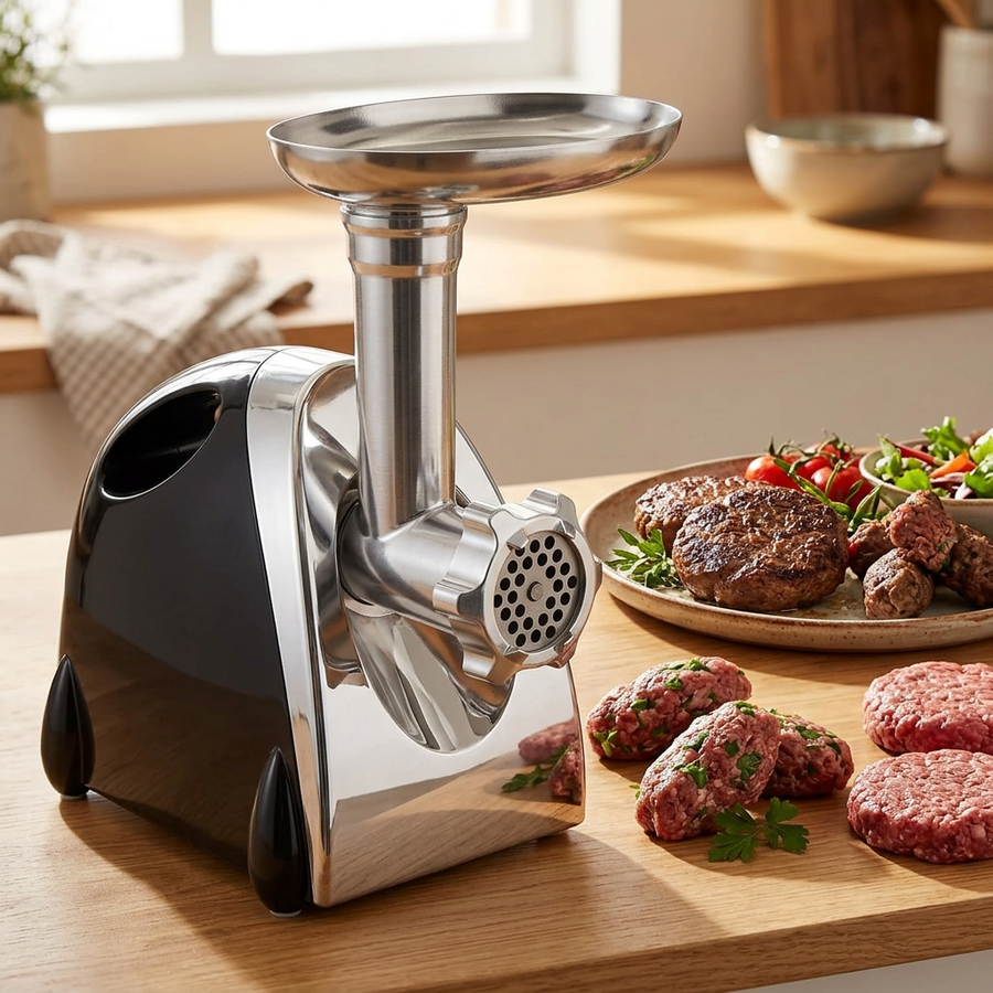 Hachoir à viande électrique 700 W, rouge ou noir, en situation dans la cuisine